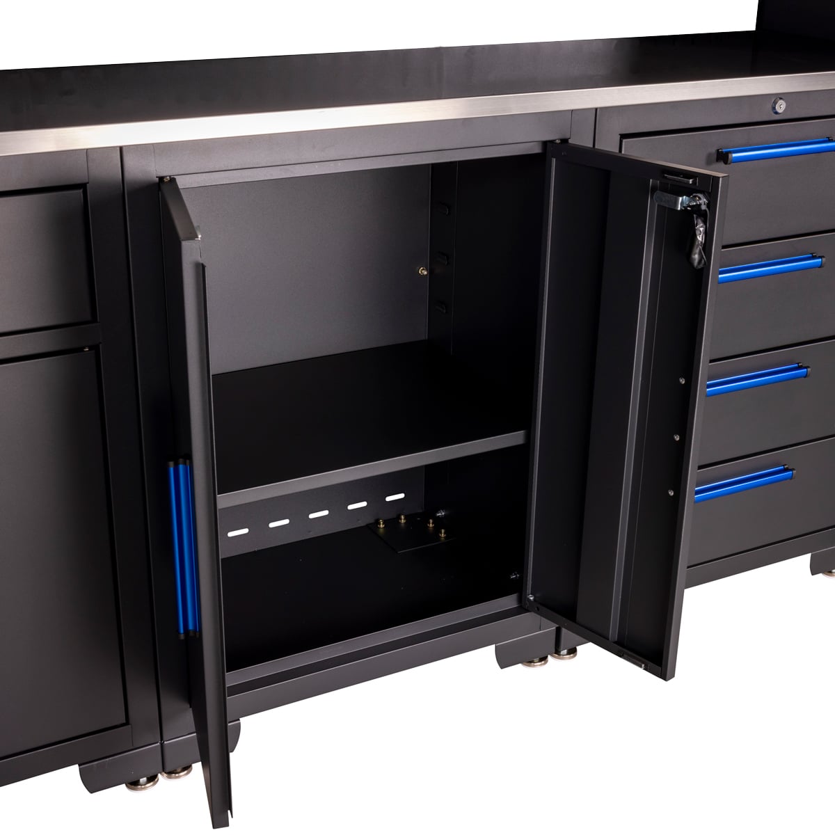 SGS 9pc Garage Storage System | Stainless Steel Worktop | 3x Floor Cabinets | 3x Upper Cabinets | 2x Tall Double Side Cabinets